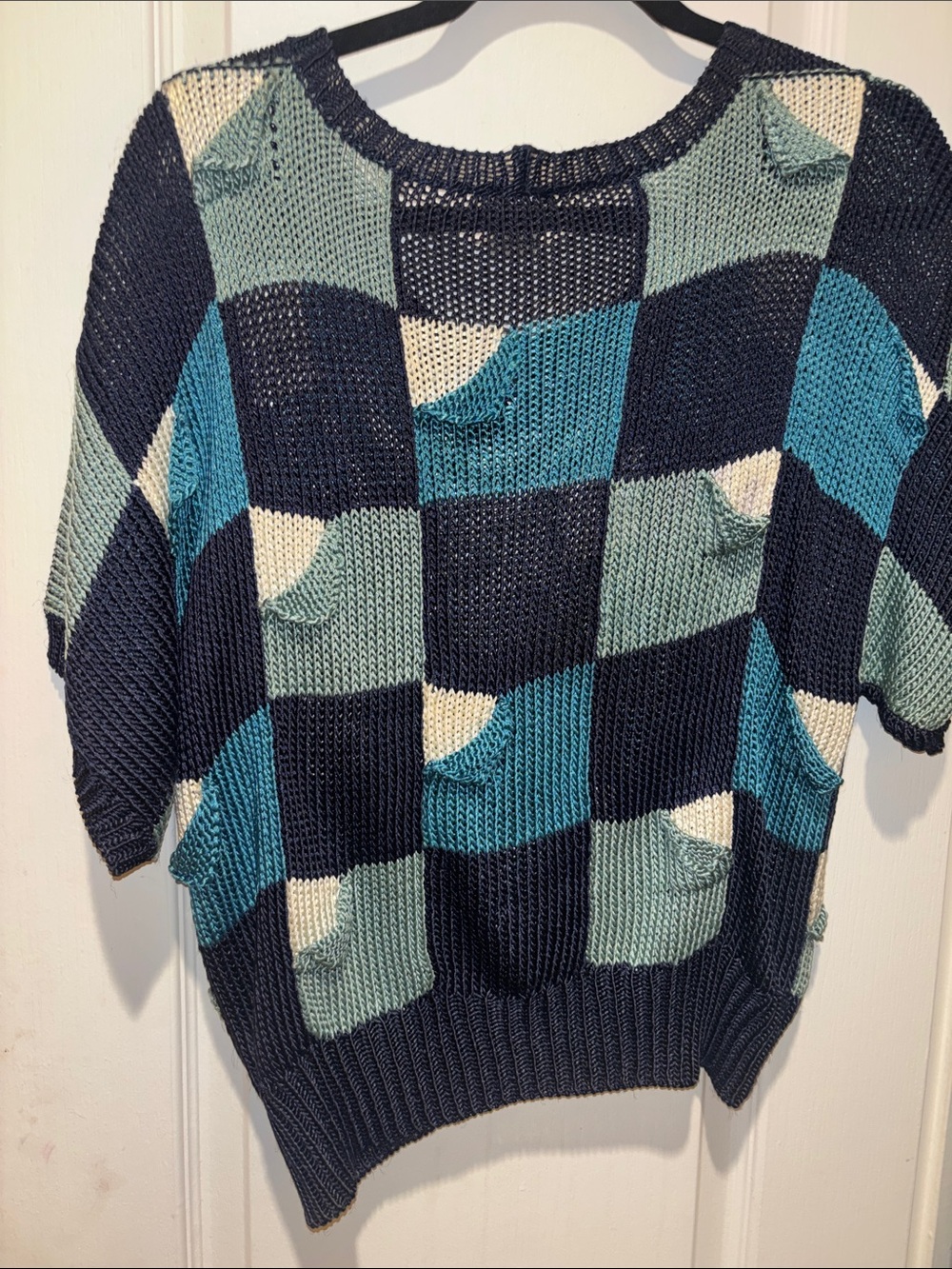 KRIZIA MAGLIA RAYON SWEATER SHADES OF BLUE GREEN WHITE SQUARES WITH FOLD DESIGN